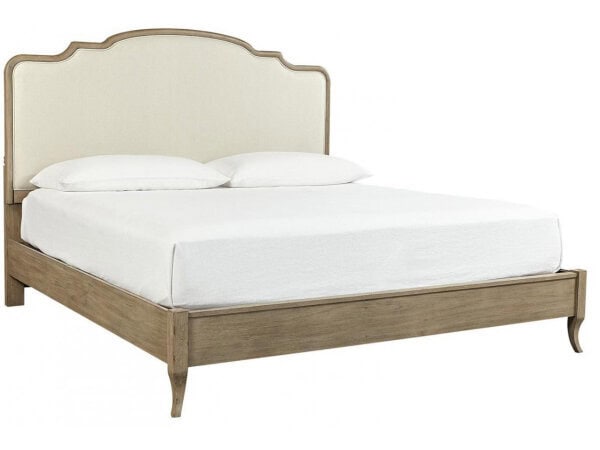 Elegant Provence Upholstered King Bed With A Light Beige Fabric Headboard And Wooden Frame, Perfect For A Stylish Bedroom.