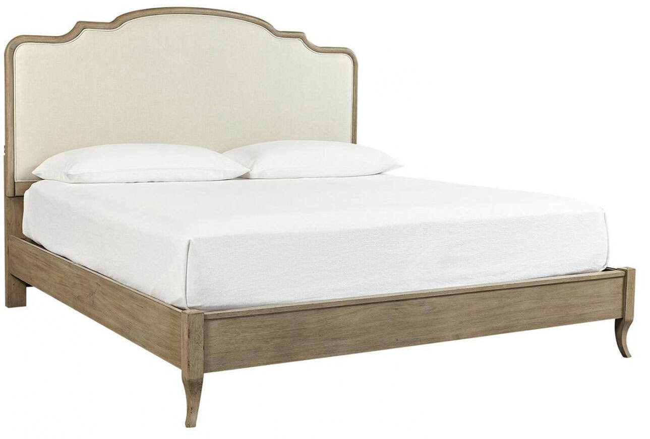 Provence Upholstered King Bed Elegant Provence Upholstered King Bed With A Light Beige Fabric Headboard And Wooden Frame, Perfect For A Stylish Bedroom.