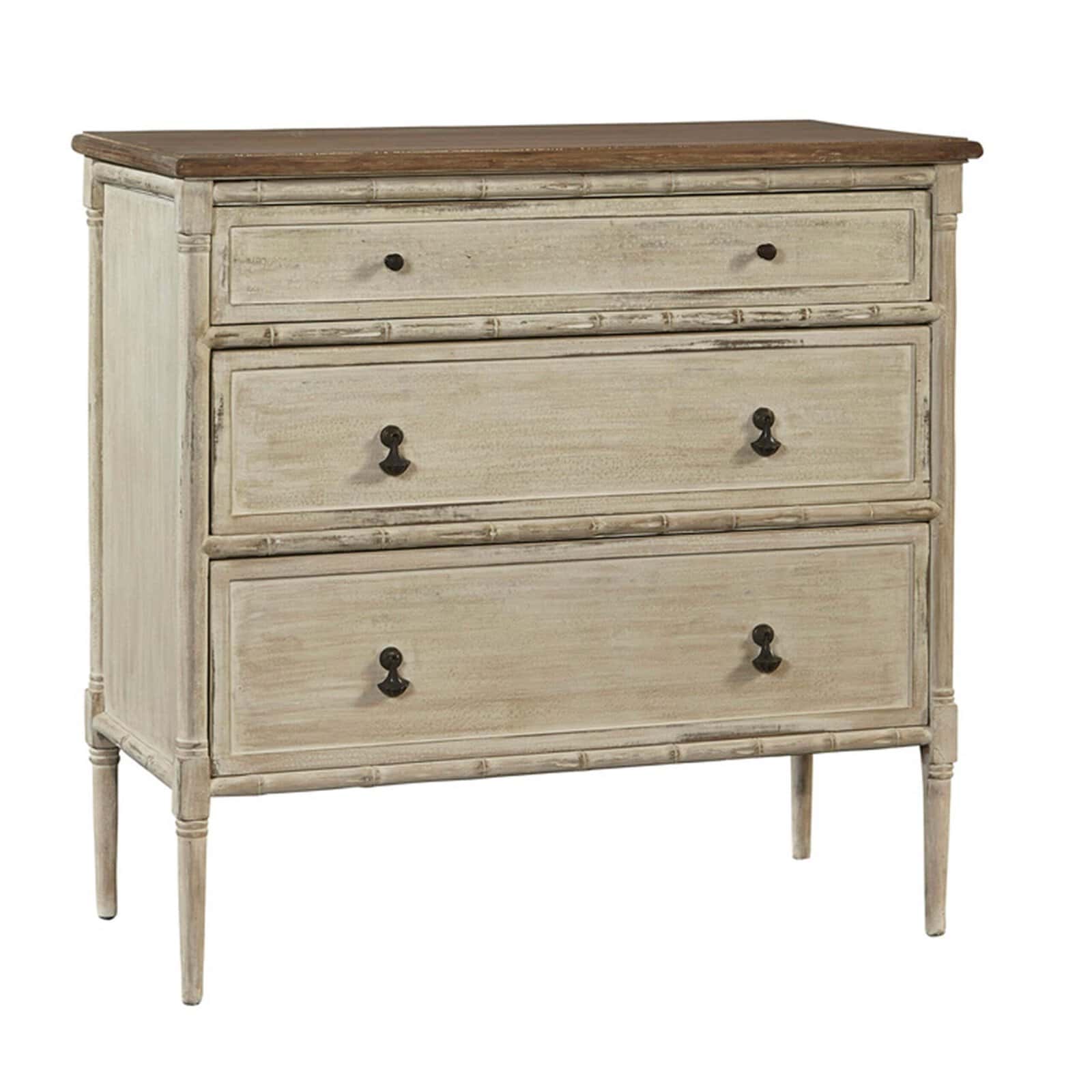 Emma Lou Chest - Swanns Furniture Vintage-Style Emma Lou Chest With Distressed White Finish And Dark Wood Top, Featuring Three Drawers With Black Metal Knobs, Ideal For Bedroom Or Living Room Decor.