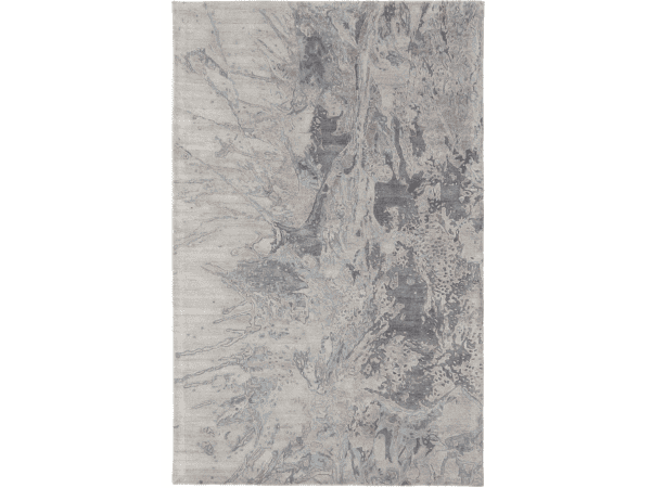 Elegant abstract area rug in blue and charcoal tones, perfect for modern living spaces.