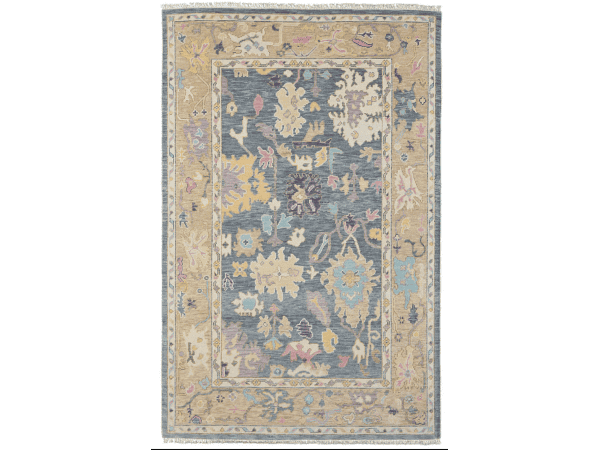 Blue and beige floral area rug with intricate patterns.