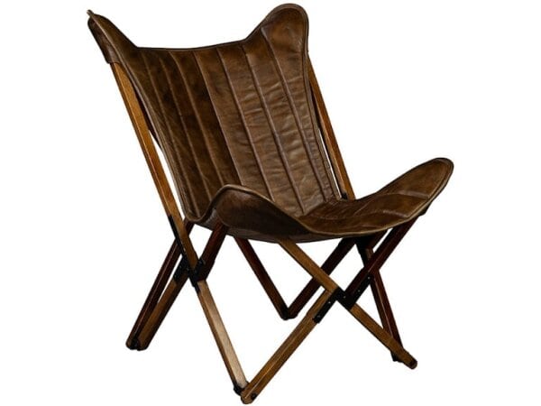 Leather folding lounge chair with wooden frame, stylish and comfortable for living room or patio. Perfect for relaxing and adding a touch of elegance to any space.