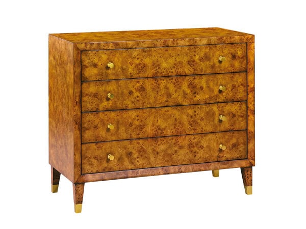 Elegant wooden Beverly Chest with five drawers and gold knobs, perfect for bedroom or living room storage, showcasing quality craftsmanship.