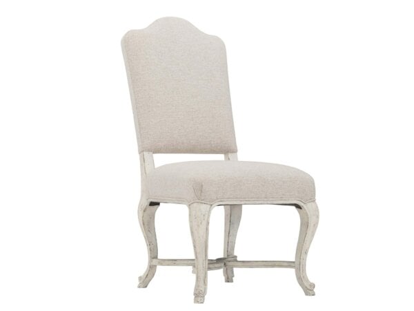 Elegant Mirabelle side chair with cream upholstery and distressed white wooden frame, perfect for classic or vintage interior decor.