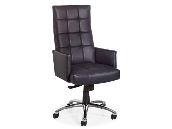 Ergonomic black swivel office chair with high backrest and adjustable height, ideal for home or corporate office use.