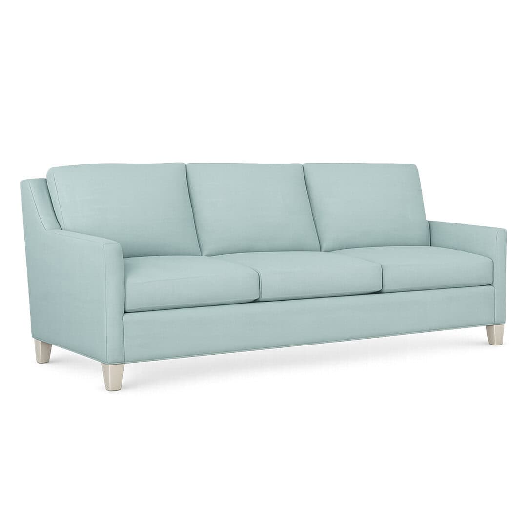 Jada Long Sofa In Light Blue Light Blue Jada Long Sofa With Three Cushions And Wooden Legs, Perfect For Modern Living Rooms.