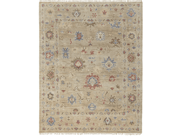 Elegant traditional area rug with blue, ivory, and red accents.