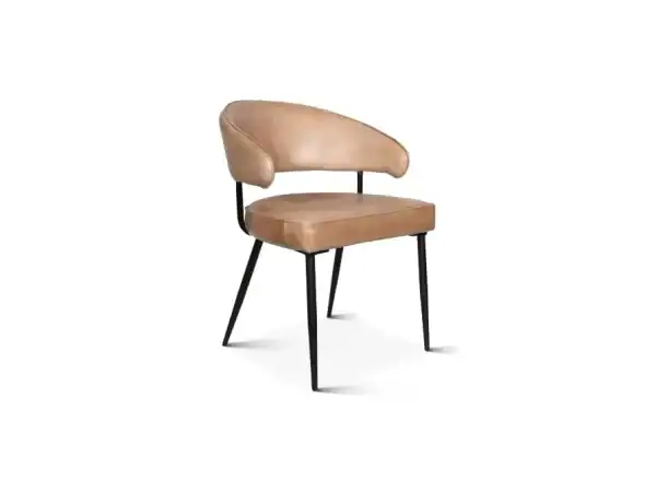 Vintage leather accent chair with black metal legs for modern or mid-century decor.