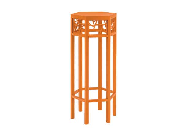 Vibrant orange wooden plant stand with geometric lattice top and tall slender legs, perfect for displaying potted plants or decorative items in modern and trendy interior spaces.