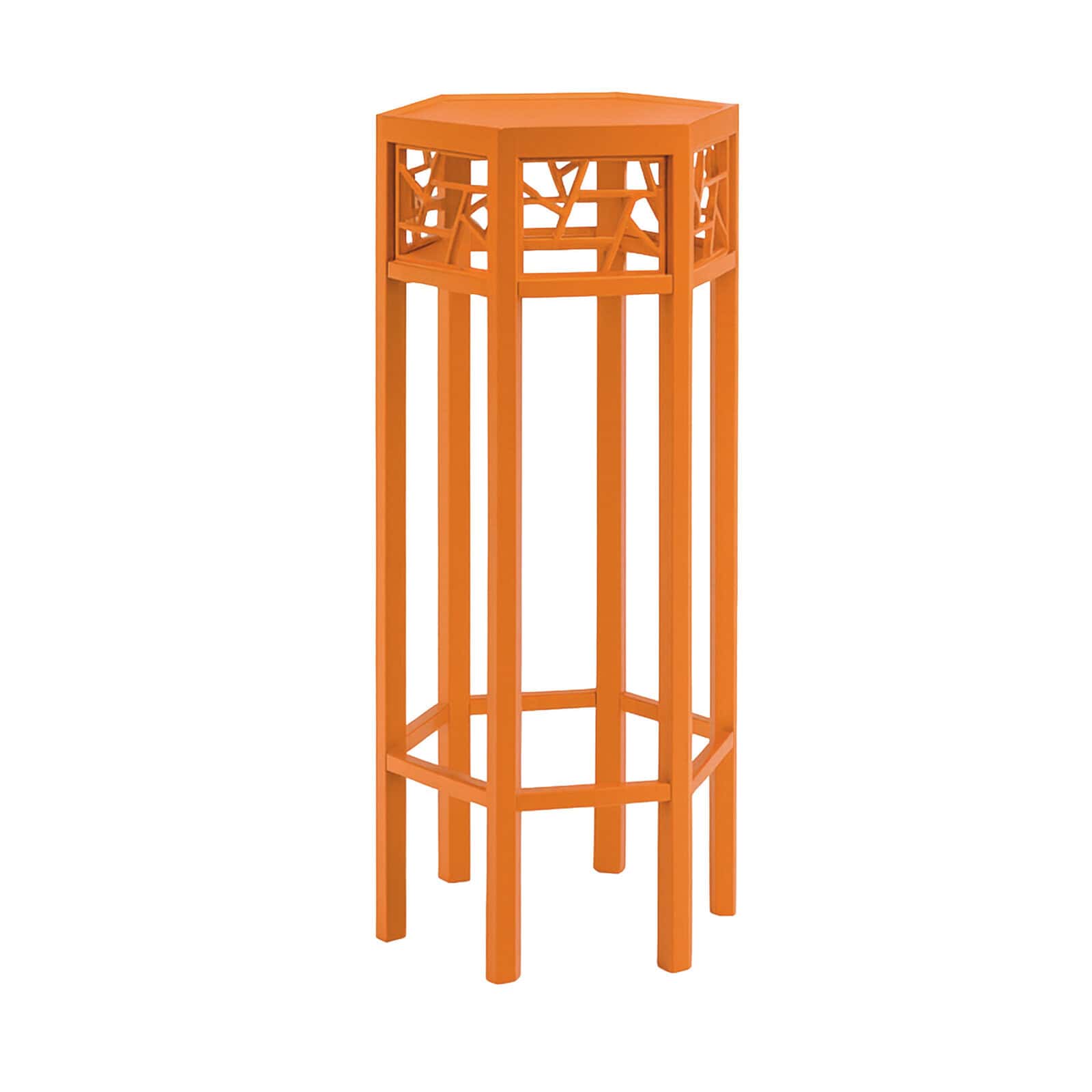 Newarrival3 Vibrant Orange Wooden Plant Stand With Geometric Lattice Top And Tall Slender Legs, Perfect For Displaying Potted Plants Or Decorative Items In Modern And Trendy Interior Spaces.