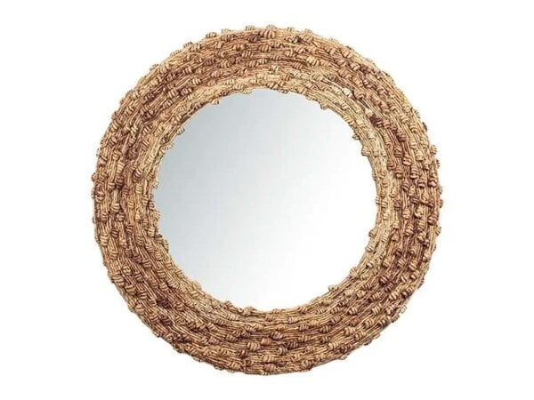 Decorative Round Mirror With A Woven Rattan Frame, Perfect For Adding A Natural Touch To Any Room In Tyler, Texas.
