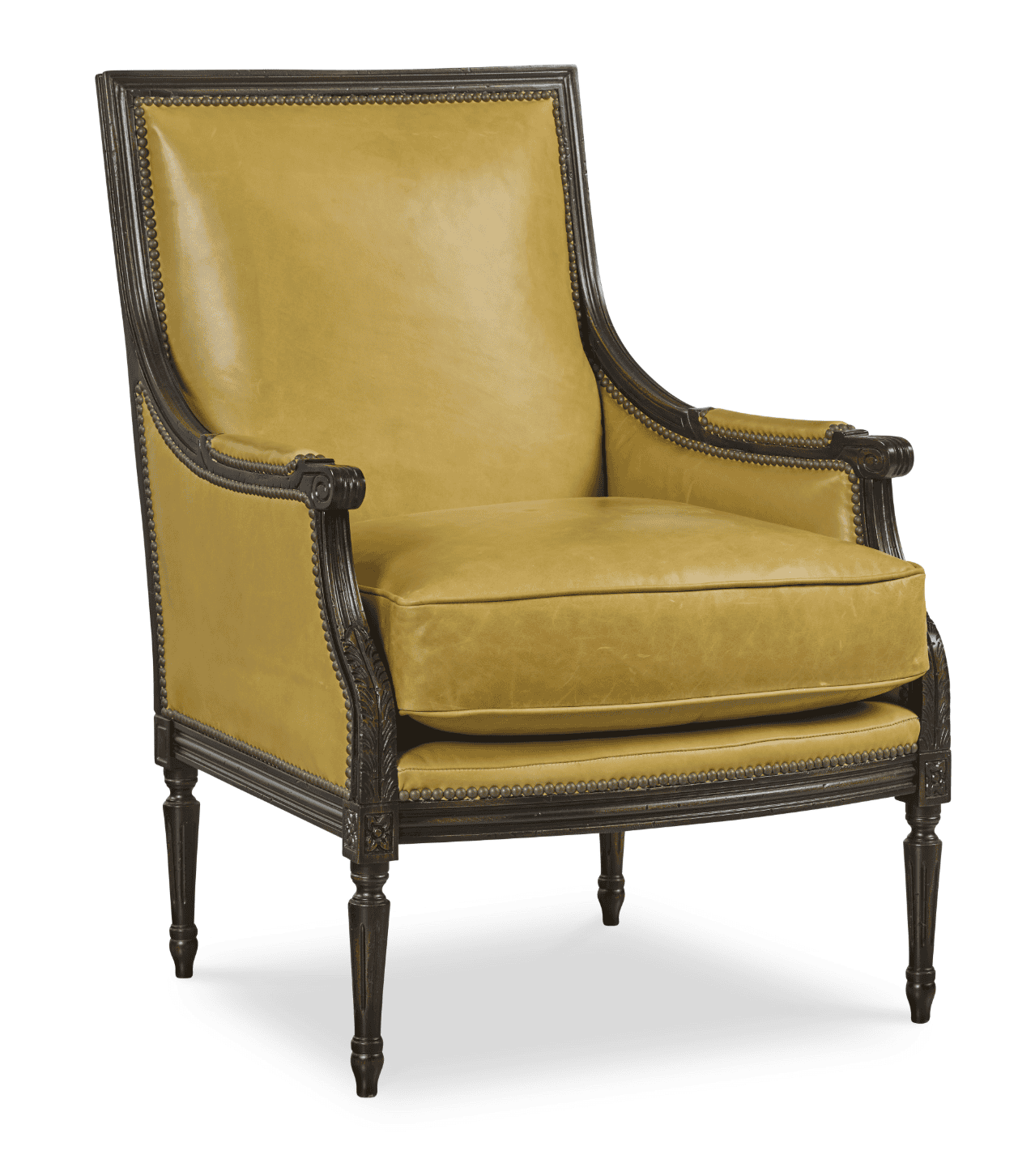 Bridget Leather Chair Luxurious Mustard Yellow Upholstered Armchair With Dark Wooden Carved Frame, Nailhead Trim, And Elegant Tapered Legs, Perfect For Classic Or Vintage Interior Decor.