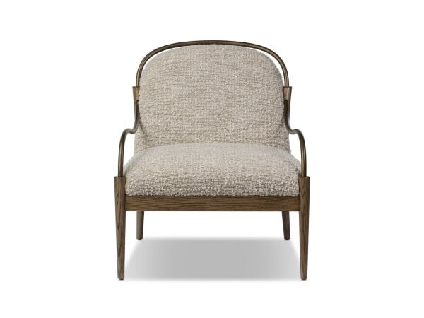 Plush beige upholstered armchair with wooden and metal frame, stylish and comfortable for modern living rooms.