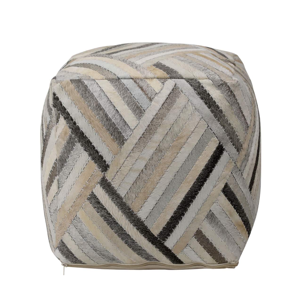 Edith Pouf Dov6817---Front Colorful Geometric Pattern Ottoman With Soft Faux Fur Fabric In Beige, Gray, Black, And Cream Tones. Perfect For Living Rooms Or Bedrooms, Combining Style And Comfort.