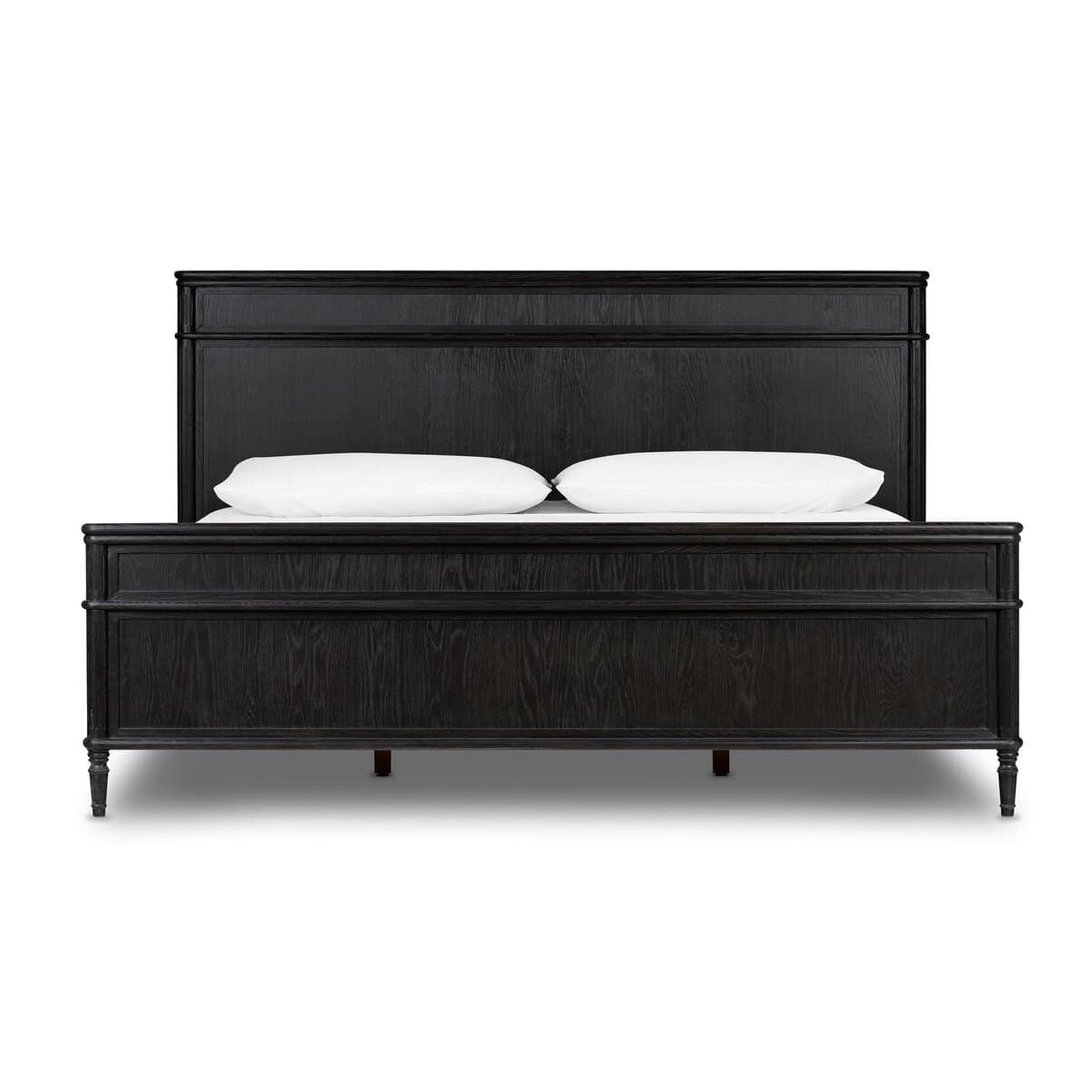 Four Hands 1 231966-005_Frt_1 Black Wooden Bed Frame With White Pillows On A Plain Background.