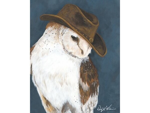 A majestic barn owl wearing a vintage leather cowboy hat, set against a dark blue background.