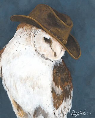 Kibbe Gone Country 0126492_52Wk0490_400 A Majestic Barn Owl Wearing A Vintage Leather Cowboy Hat, Set Against A Dark Blue Background.