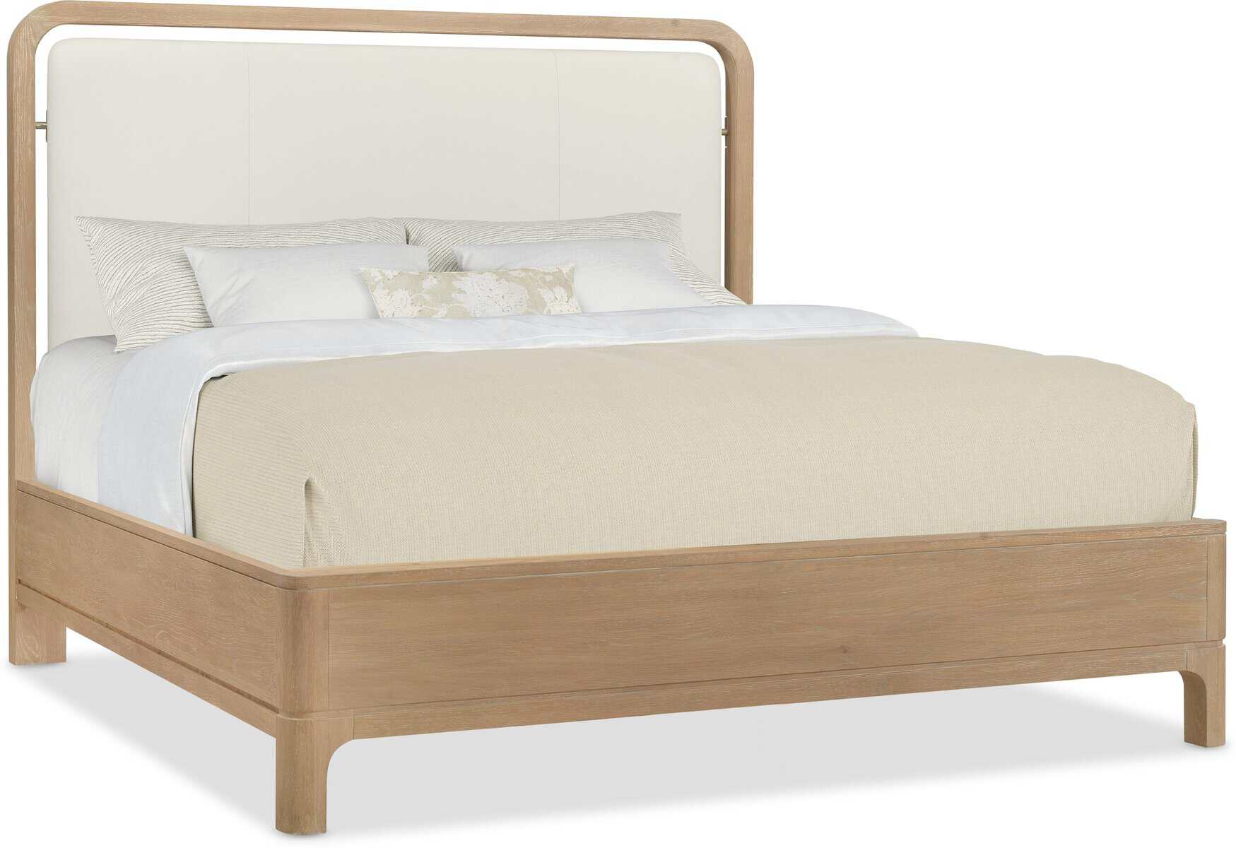 6081-90366-82 (1) Natural Wood Bed Frame With A Beige Upholstered Headboard And Neutral Bedding, Showcasing Contemporary Furniture Design At Swann'S Furniture &Amp;Amp; Design.