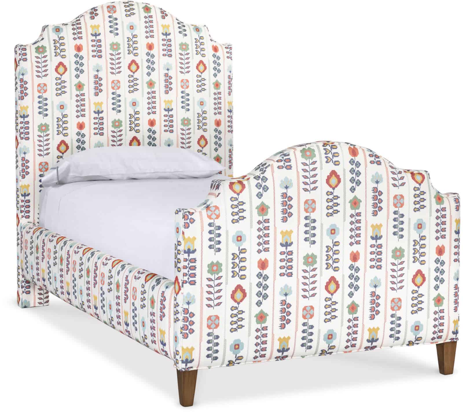 Bt880_Alt1 Vibrant Floral Patterned Upholstered Bed With A Tall, Ornate Headboard And Curved Footboard, Featuring Wooden Legs, Ideal For A Stylish Bedroom Decor.