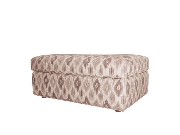 Plush beige and taupe patterned upholstered ottoman with a rectangular shape, cushioned top, and wooden legs, perfect for living room decor and added comfort.