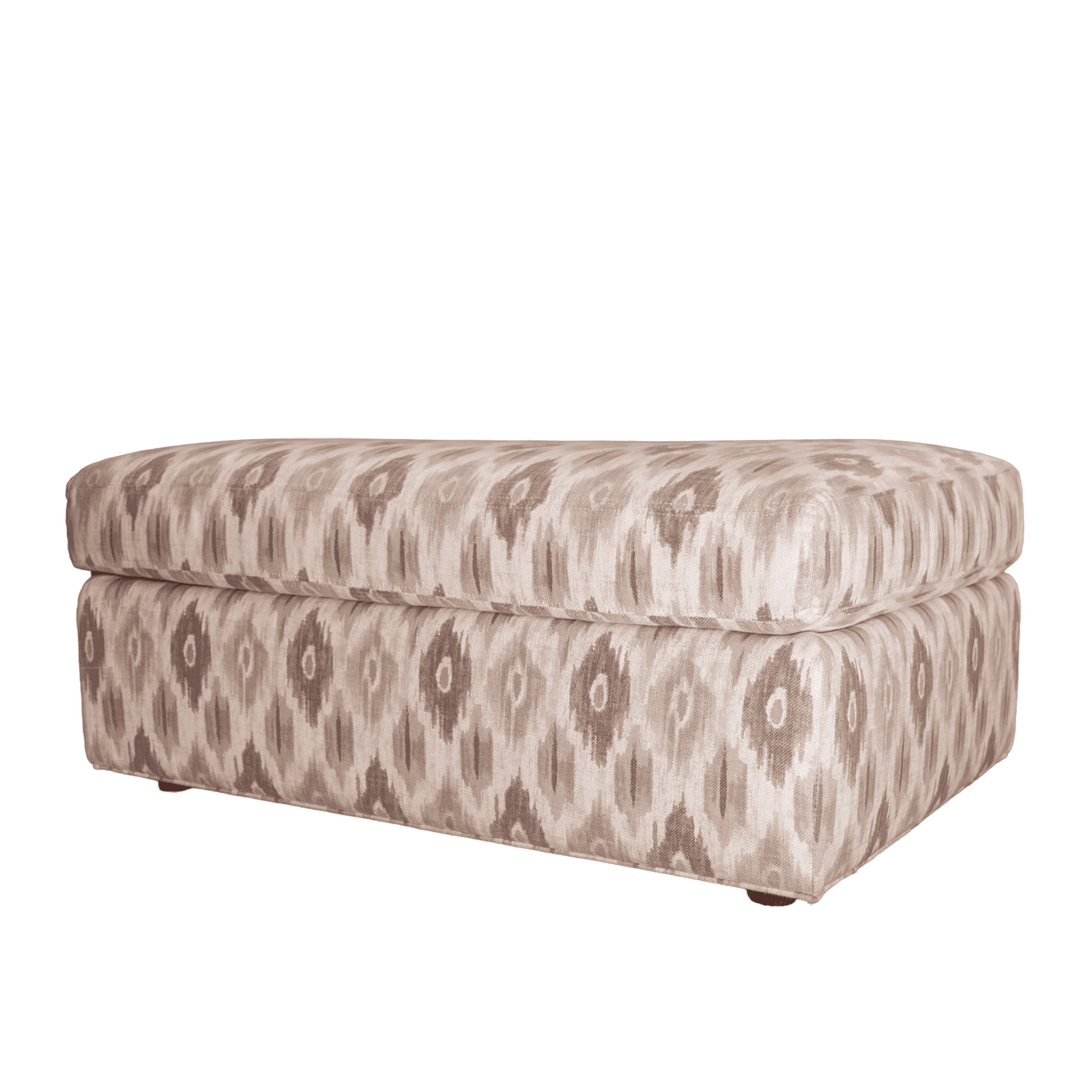 Ottoman Plush Beige And Taupe Patterned Upholstered Ottoman With A Rectangular Shape, Cushioned Top, And Wooden Legs, Perfect For Living Room Decor And Added Comfort.