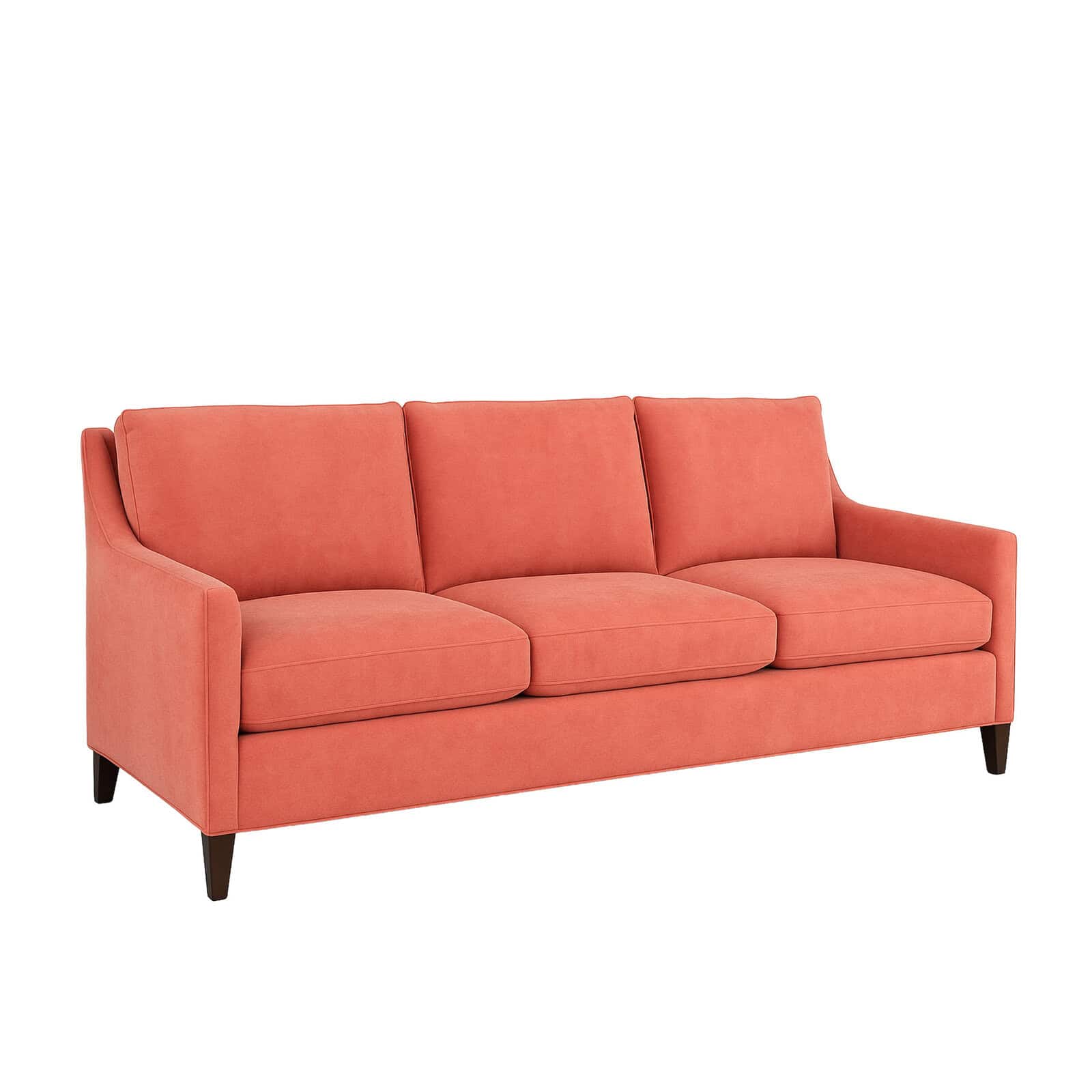 Newarrival6 Soft Coral Upholstered Sofa With Three Cushions, Wooden Legs, Modern Design, Perfect For Living Rooms And Lounges.