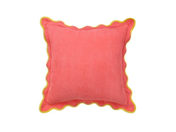 Vibrant coral throw pillow with a yellow ruffled edge, perfect for brightening up any living space or bedroom decor. Made from soft, textured fabric for comfort and style.