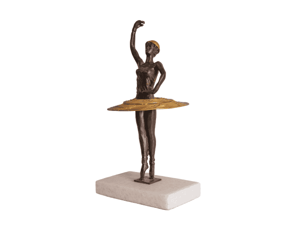 Bronze ballerina sculpture with tutu on a marble base, intricate detailing, artistic home decor piece, perfect for dance enthusiasts and art collectors.