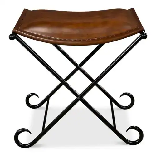 45608402C2Eab4616Ed3Ccbba99Fce73 Vintage Leather And Wrought Iron Entryway Bench With Elegantly Curved Legs, Perfect For Rustic Or Modern Decor Accents.