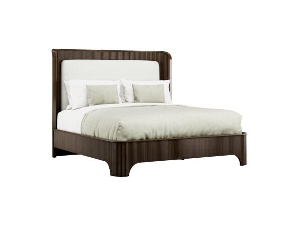 Sleek modern bed with a wooden slatted frame, upholstered headboard, and neutral bedding, showcasing stylish furniture options at Swann's Furniture & Design in Tyler, Texas.