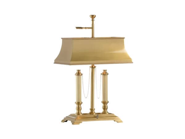 Luxurious brass and gold-toned table lamp with a ship-inspired design featuring a rectangular beige shade, decorative chain details, and a sturdy base, perfect for elegant home decor.