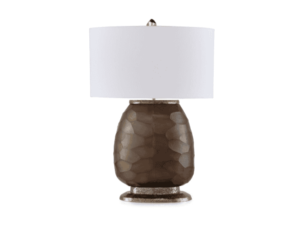 A stylish table lamp featuring a textured brown base with gold accents and a white drum shade, perfect for enhancing any living space or bedroom decor.
