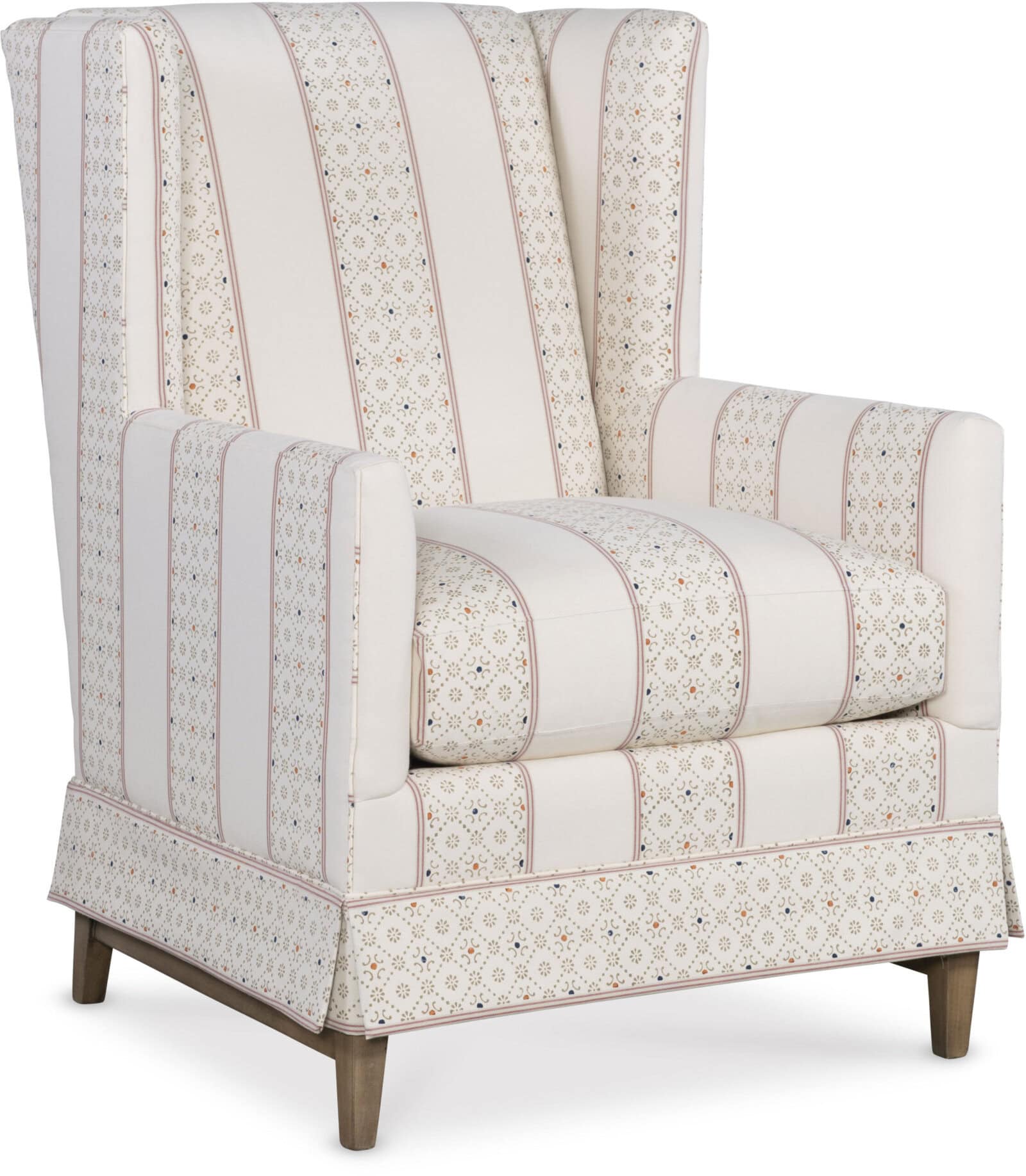 Elegant Striped Armchair With Intricate Pattern Details And Wooden Legs. Luxurious Upholstered Armchair Featuring Classic Stripe Pattern And Detailed Fabric Design, Perfect For Living Rooms Or Reading Nooks In Tyler, Texas.