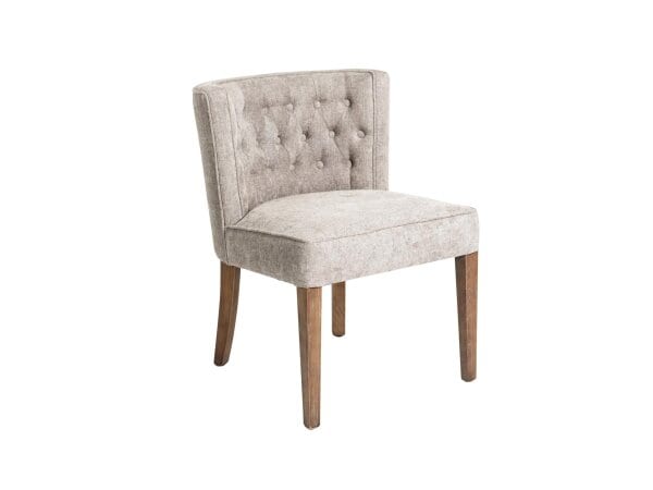 Comfortable beige fabric chair with tufted backrest and sturdy wooden legs, ideal for living rooms or dining areas.