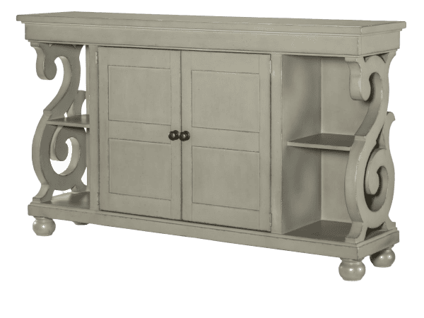 Stylish distressed painted sideboard featuring storage cabinets and open shelving, perfect for enhancing your living space with classic rustic charm.