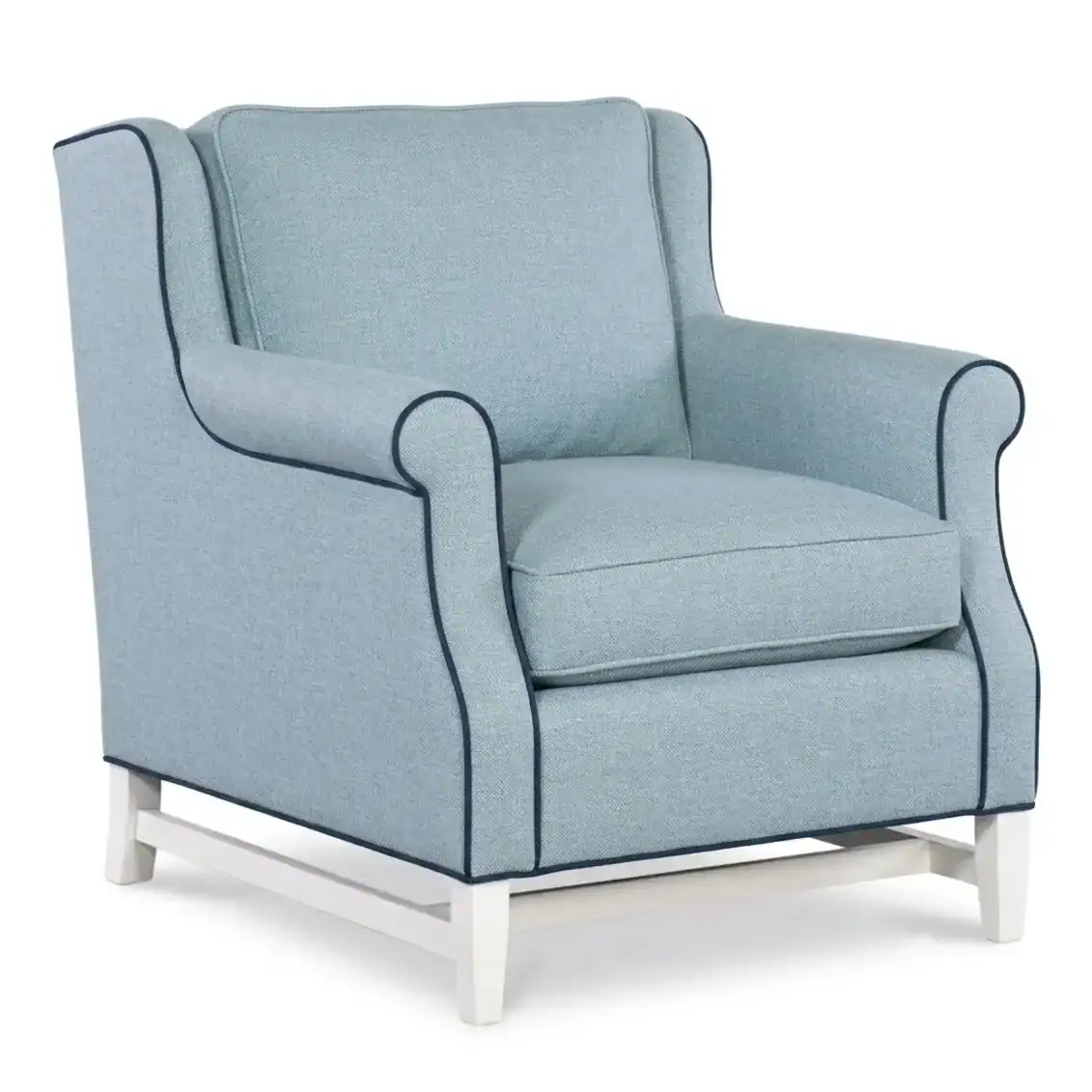 Louie Chair 1535-05 - Swanns Furniture Light Blue Louie Chair With Wingback Design, Rolled Arms, And White Wooden Legs, Perfect For Living Rooms And Reading Nooks.