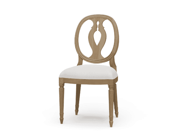 Elegant wooden dining chair with a carved backrest and a cushioned white seat, perfect for classic or traditional dining rooms.
