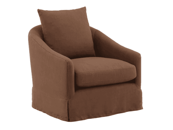 Comfortable brown Laura swivel chair with plush cushion and skirted base, perfect for relaxing in Tyler, Texas.