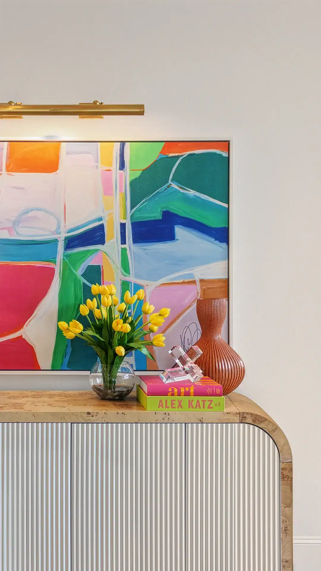 Bright, Colorful Abstract Painting With Geometric Shapes And Bold Hues, Displayed In A Stylish Interior Setting.
