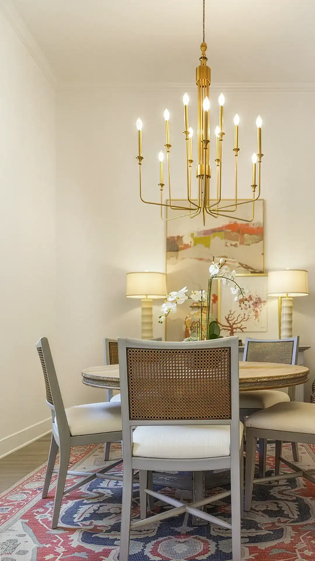 A Stylish Dining Room Featuring A Contemporary Gold Chandelier, A Round Wooden Table, And Six Upholstered Chairs. The Room Is Decorated With Table Lamps, Floral Arrangements, And A Colorful Area Rug,.