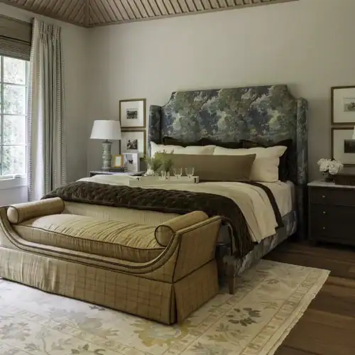 Elegant Bedroom With A Plush Upholstered Headboard, Cozy Bedding, And Classic Furniture Accents. Perfect For Creating A Warm, Inviting Space In Tyler, Texas.