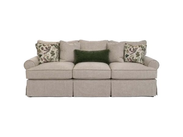 Elegant Beige Sofa With Floral And Solid Cushions, Perfect For Living Rooms, From Swanns Furniture In Tyler, Texas.