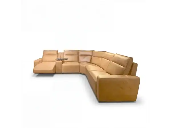 Comfortable tan leather sectional sofa with chaise lounge and built-in side table, perfect for living rooms and family spaces.