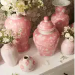 S/3 Hand Painted Pink Chinoiserie Vases / Jar - Image 4