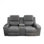 Comfortable gray reclining sofa with built-in console and adjustable headrests, perfect for living rooms in Tyler, Texas.
