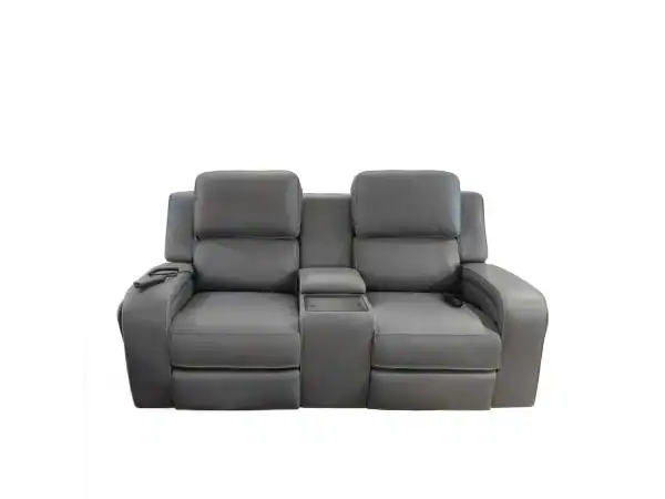 Comfortable gray reclining sofa with built-in console and adjustable headrests, perfect for living rooms in Tyler, Texas.
