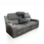 Reclining sofa featuring a built-in console with cup holders and storage, upholstered in dark gray leather. Perfect for comfortable seating and entertainment in a stylish living room.