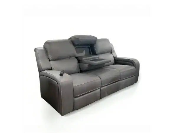 Reclining sofa featuring a built-in console with cup holders and storage, upholstered in dark gray leather. Perfect for comfortable seating and entertainment in a stylish living room.