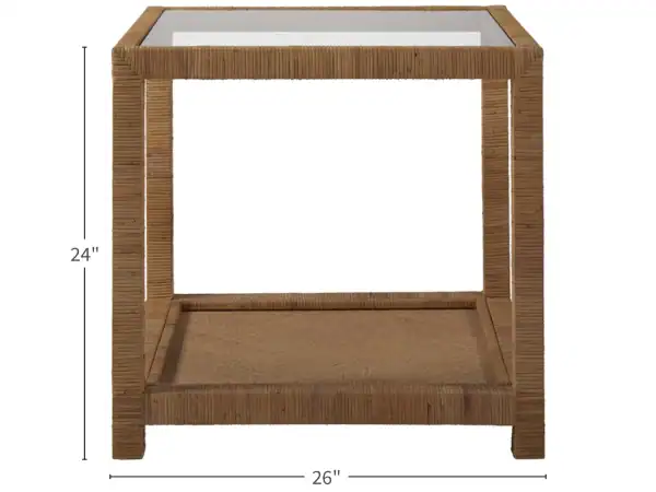 Wooden end table with a glass top and lower shelf, perfect for living room decor in Tyler, Texas.