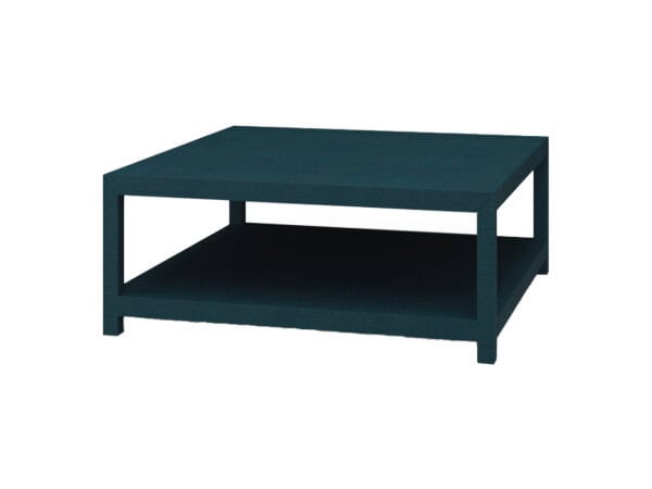 Modern blue coffee table with a lower shelf, ideal for living room decor and functional storage.